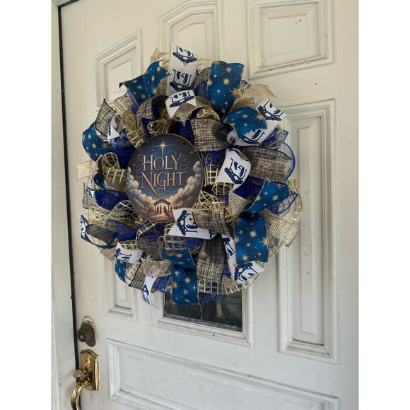 Holy Night Nativity Wreath Christmas Door Decor | Blue and Gold Holiday Wreath - Picture 8 of 9
